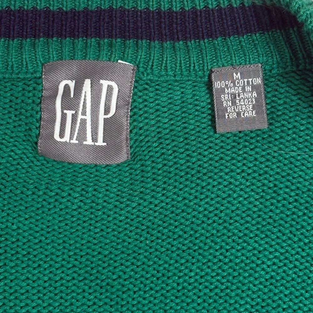 GAP Cardigan Sweater Mens Medium Green Navy Stripe V‎ Neck Button Front Grandpa